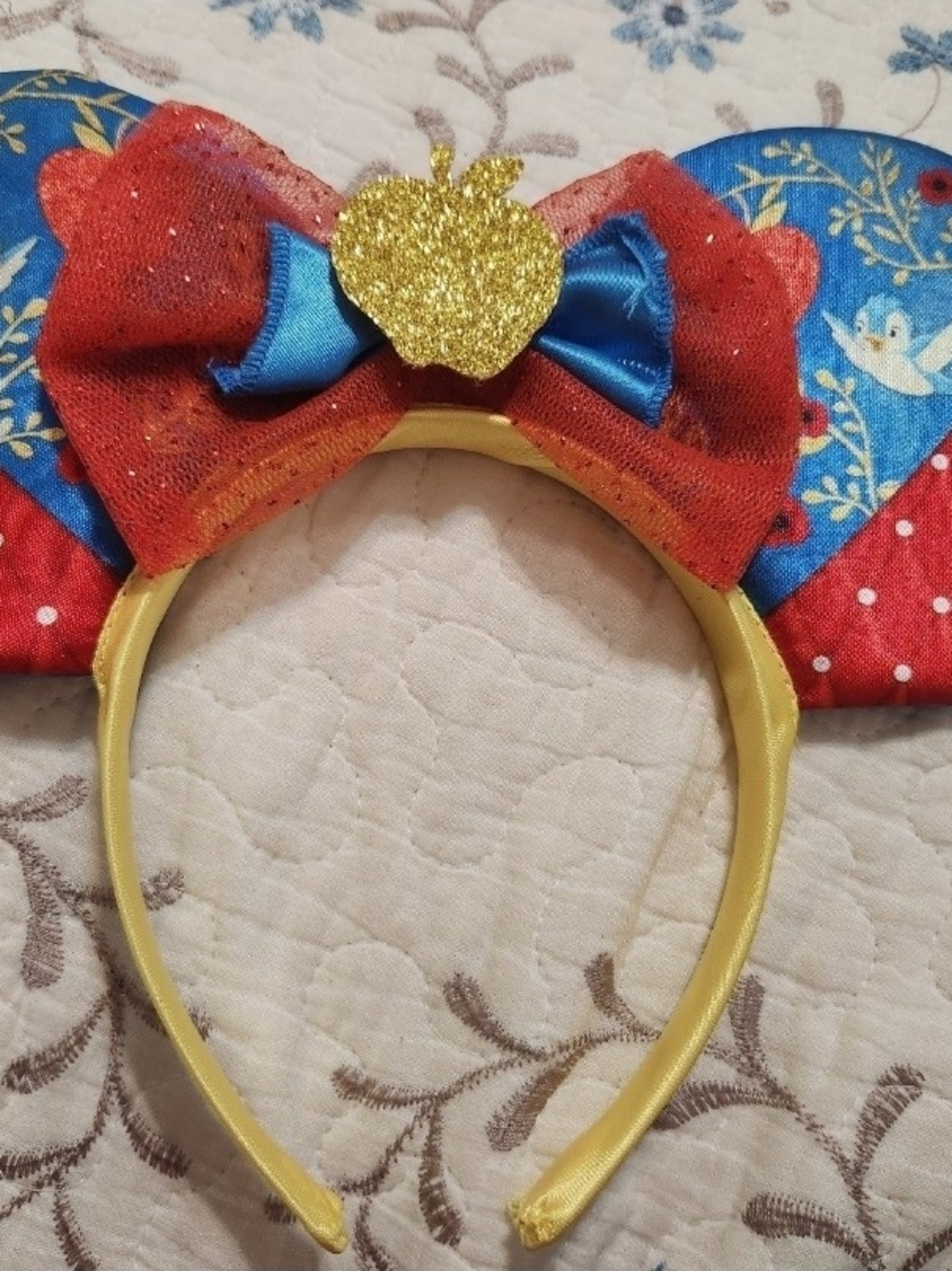 Disney Yellow Headband with Red & Blue Bow and Glitter Gold Apple
